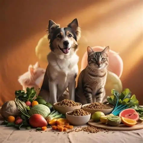 A dog and cat sitting together surrounded by fresh fruits and vegetables representing a healthy and balanced pet diet
