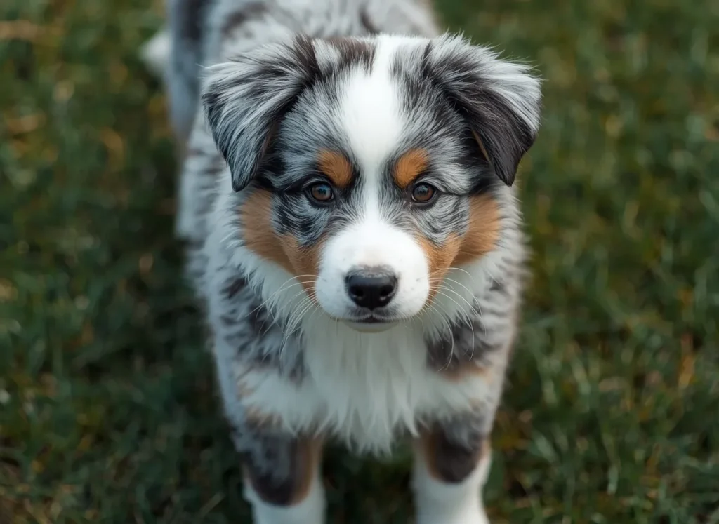 Australian Shepherd puppy learning obedience training in a park