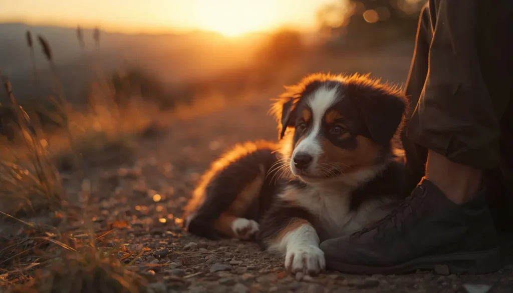 Loyal Aussie puppy enjoying an outdoor adventure with its owner