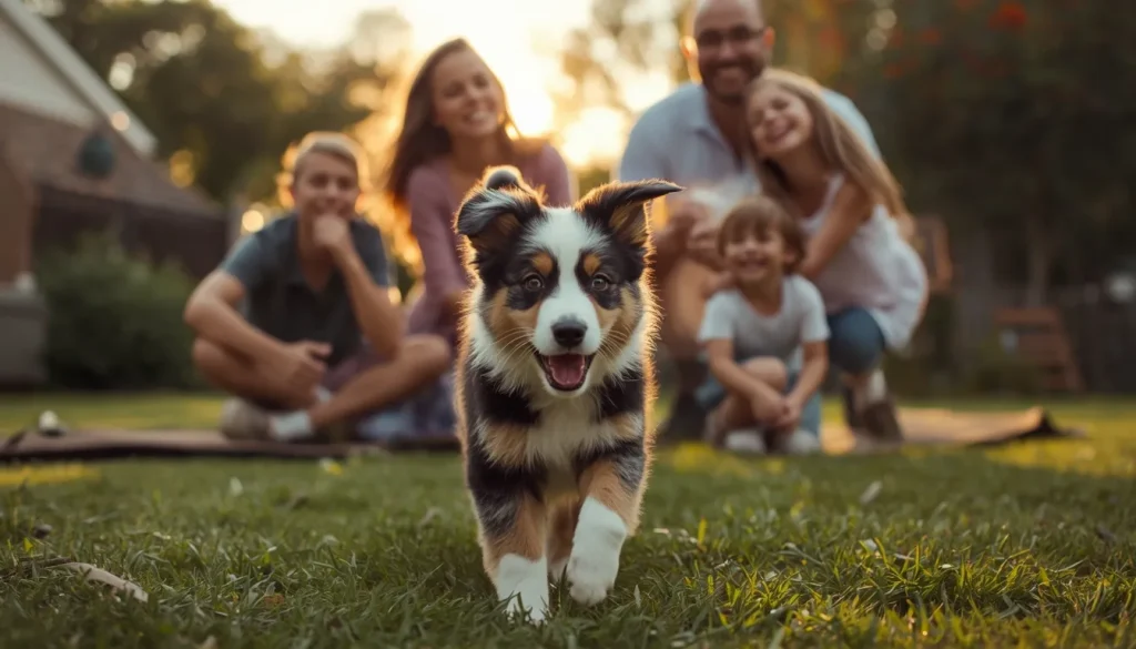 Happy family playing outdoors with an energetic Australian Shepherd