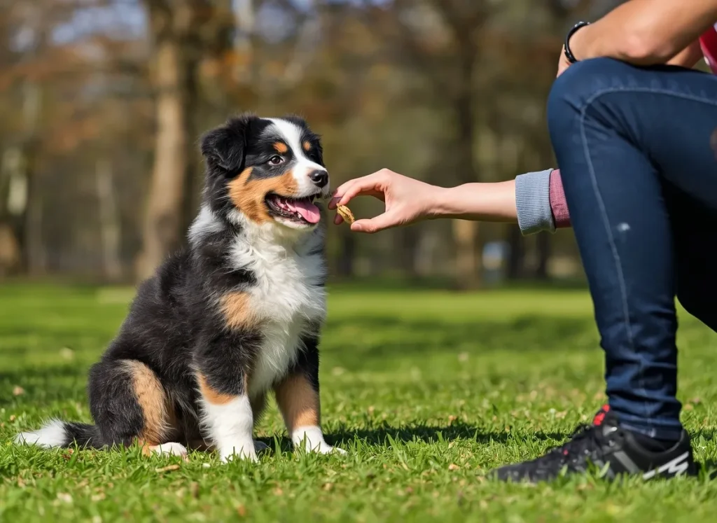 Blue merle Aussie puppy showing its fluffy coat and unique eye color