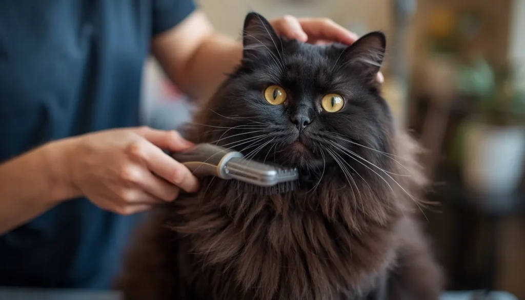 Grooming a black Maine Coon cat