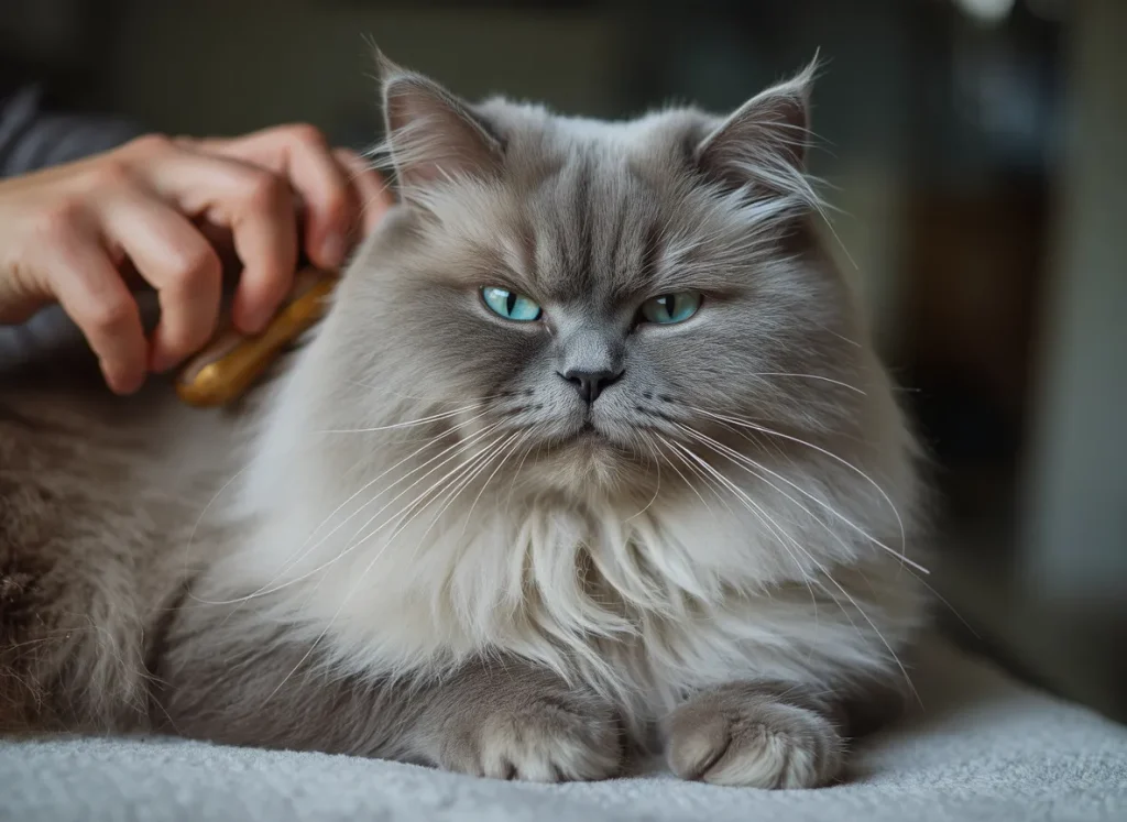 grooming a grey Ragdoll cat